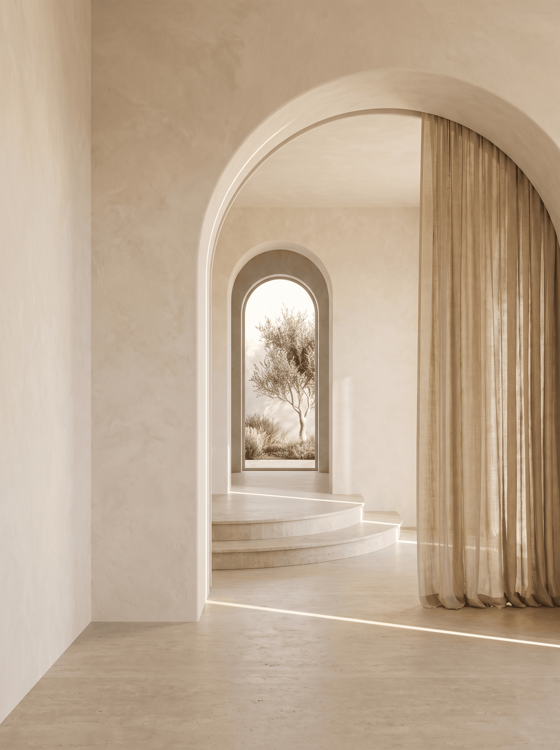 Светлая арочная галерея с оливковым деревом, занавесью и ступенями